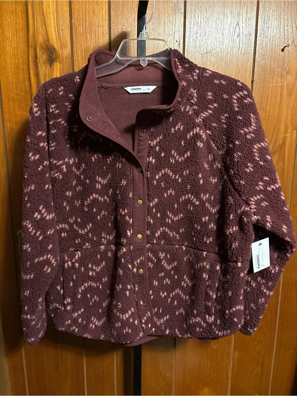 Sonoma Burgundy Patterned Sherpa Snap Jacket
